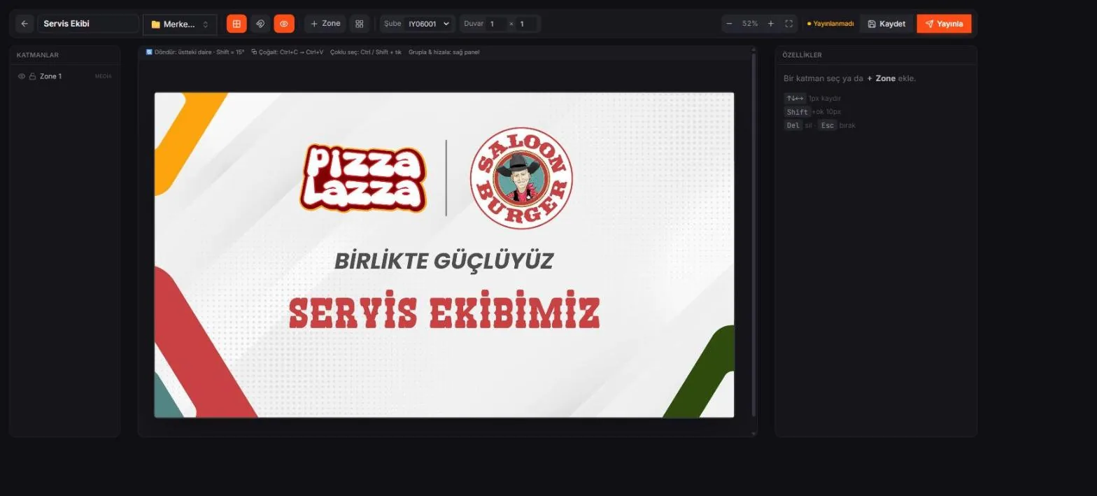 vitscreen sahne editörü — katmanlar, tuval ve özellikler paneli