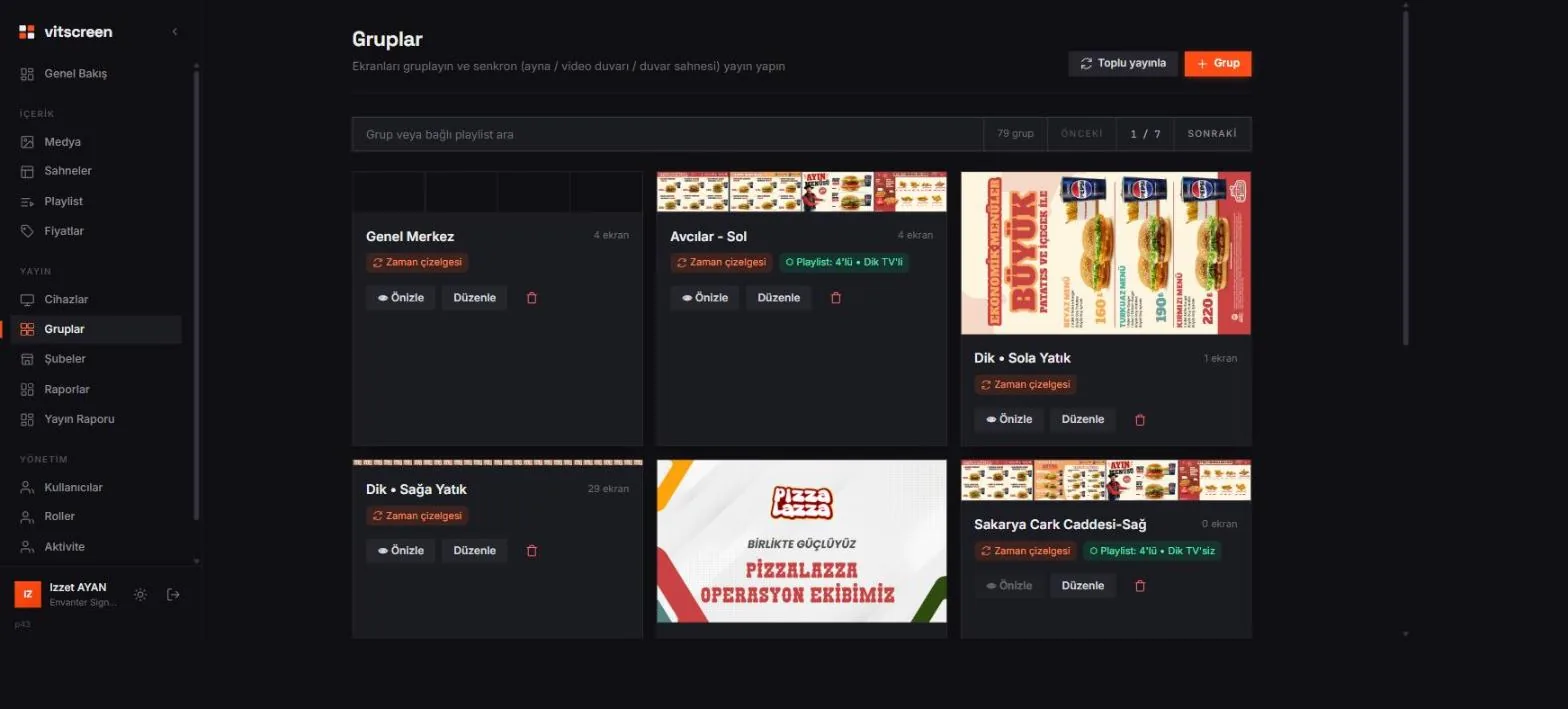 vitscreen grup listesi — video duvarı önizlemeleri ve zaman çizelgesi rozetleri
